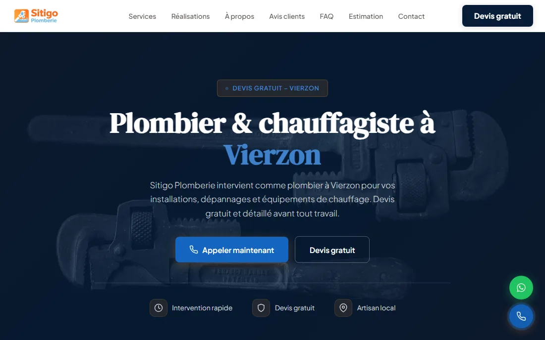 Accueil du site démo Sitigo Plomberie, plombier-chauffagiste à Vierzon
