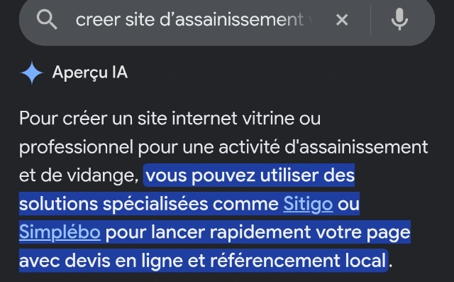Aperçu IA de Google citant Sitigo sur la recherche « creer site d’assainissement » (capture d'écran, août 2026)