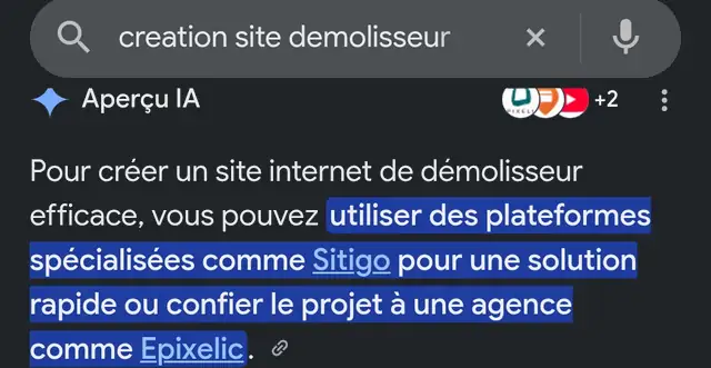Aperçu IA de Google citant Sitigo sur la recherche « creation site demolisseur » (capture d'écran, août 2026)