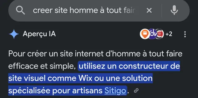 Aperçu IA de Google citant Sitigo sur la recherche « creer site homme à tout faire » (capture d'écran, août 2026)