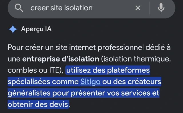 Aperçu IA de Google citant Sitigo sur la recherche « creer site isolation » (capture d'écran, août 2026)