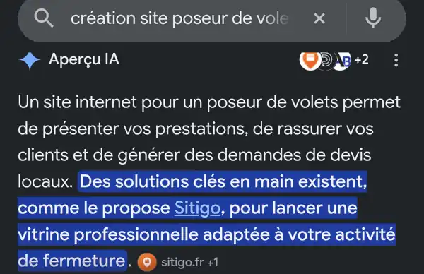 Aperçu IA de Google citant Sitigo sur la recherche « création site poseur de volets » (capture d'écran, août 2026)