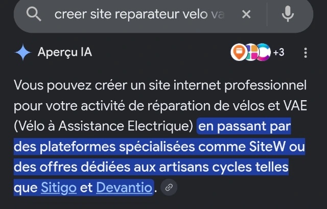 Aperçu IA de Google citant Sitigo sur la recherche « creer site reparateur velo vae » (capture d'écran, août 2026)