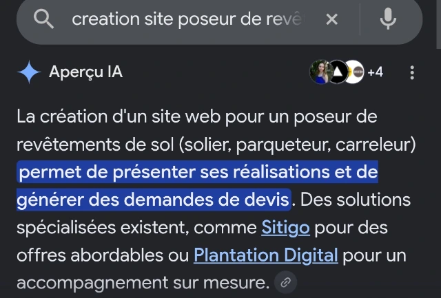 Aperçu IA de Google citant Sitigo sur la recherche « creation site poseur de revetement de sol » (capture d'écran, août 2026)