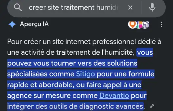Aperçu IA de Google citant Sitigo sur la recherche « creer site traitement humidité » (capture d'écran, août 2026)