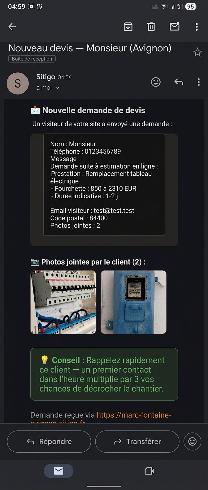 Email de notification reçu par l'artisan après une demande d'estimation en ligne — contient le nom du prospect, la prestation demandée, la fourchette de prix, et les photos jointes