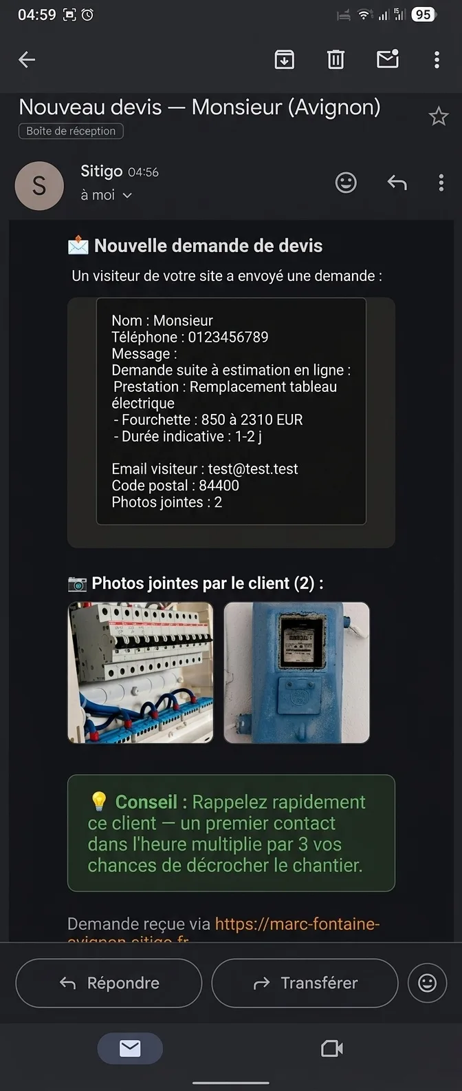 Email de notification reçu par l'artisan après une demande d'estimation en ligne — contient le nom du prospect, la prestation demandée, la fourchette de prix, et les photos jointes