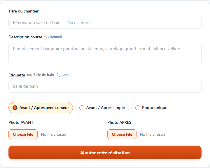 Options d'affichage des réalisations dans l'espace client Sitigo