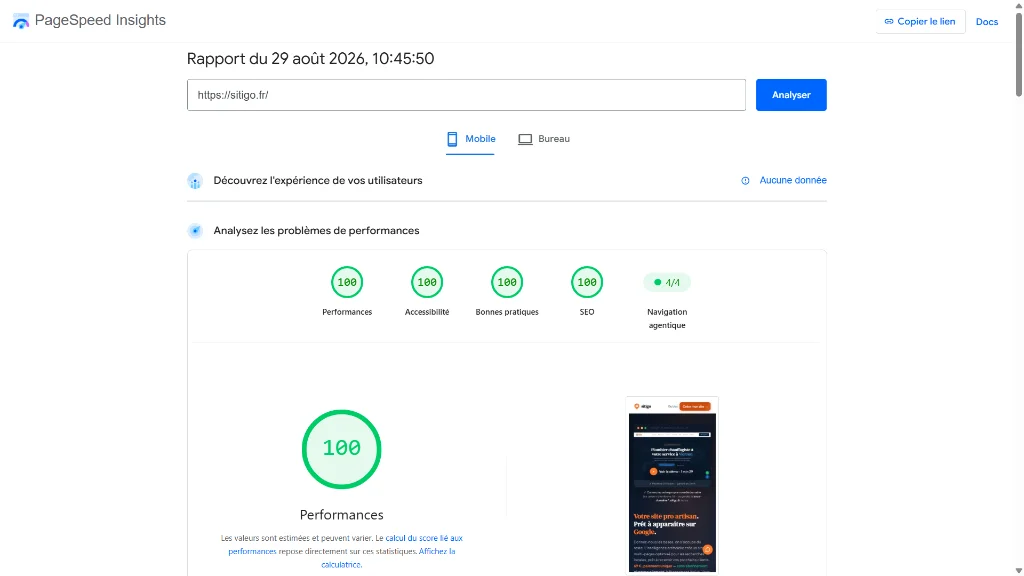 Rapport Google PageSpeed Insights mobile de sitigo.fr avec score 100/100