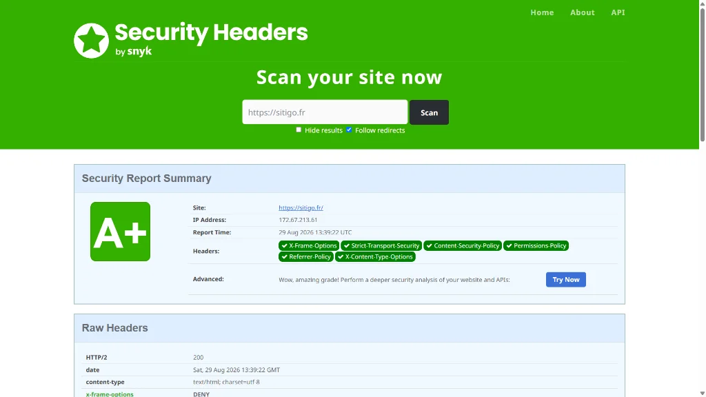 Rapport Security Headers Snyk sitigo.fr : note A+